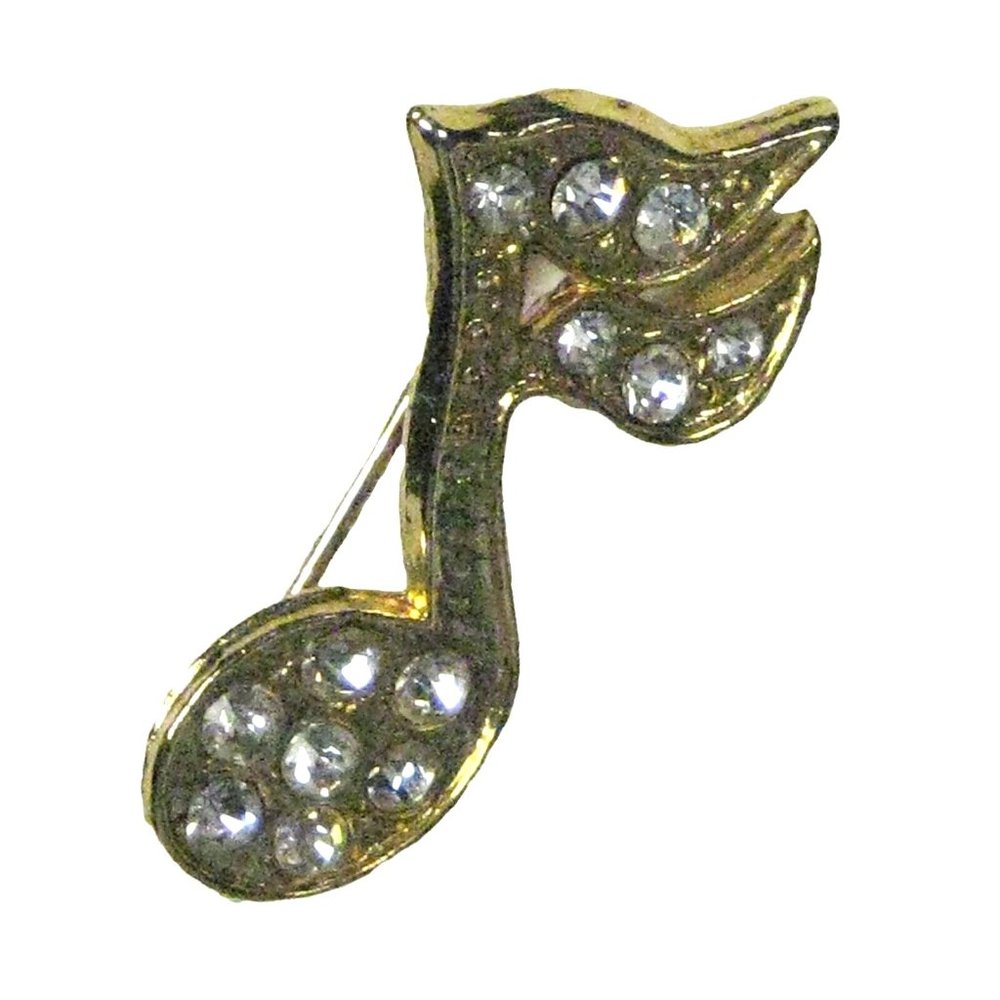 Sixteenth Note Brooch 1.3 inch Pin Jewelry Goldtone Men Women Rhinestones Music